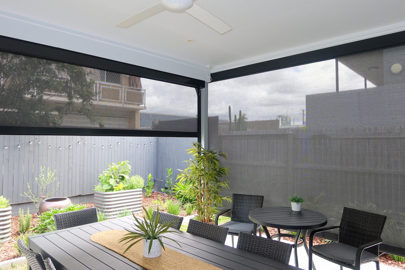 Outdoor zip screen awning on a Queensland patio